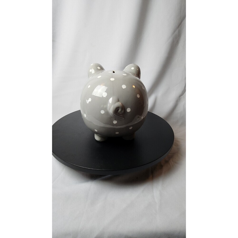 2020 Lila & Jack Brand Ceramic Gray W/white Polka Dot Piggy Bank - 7" Tall, 9" L - Picture 3 of 7